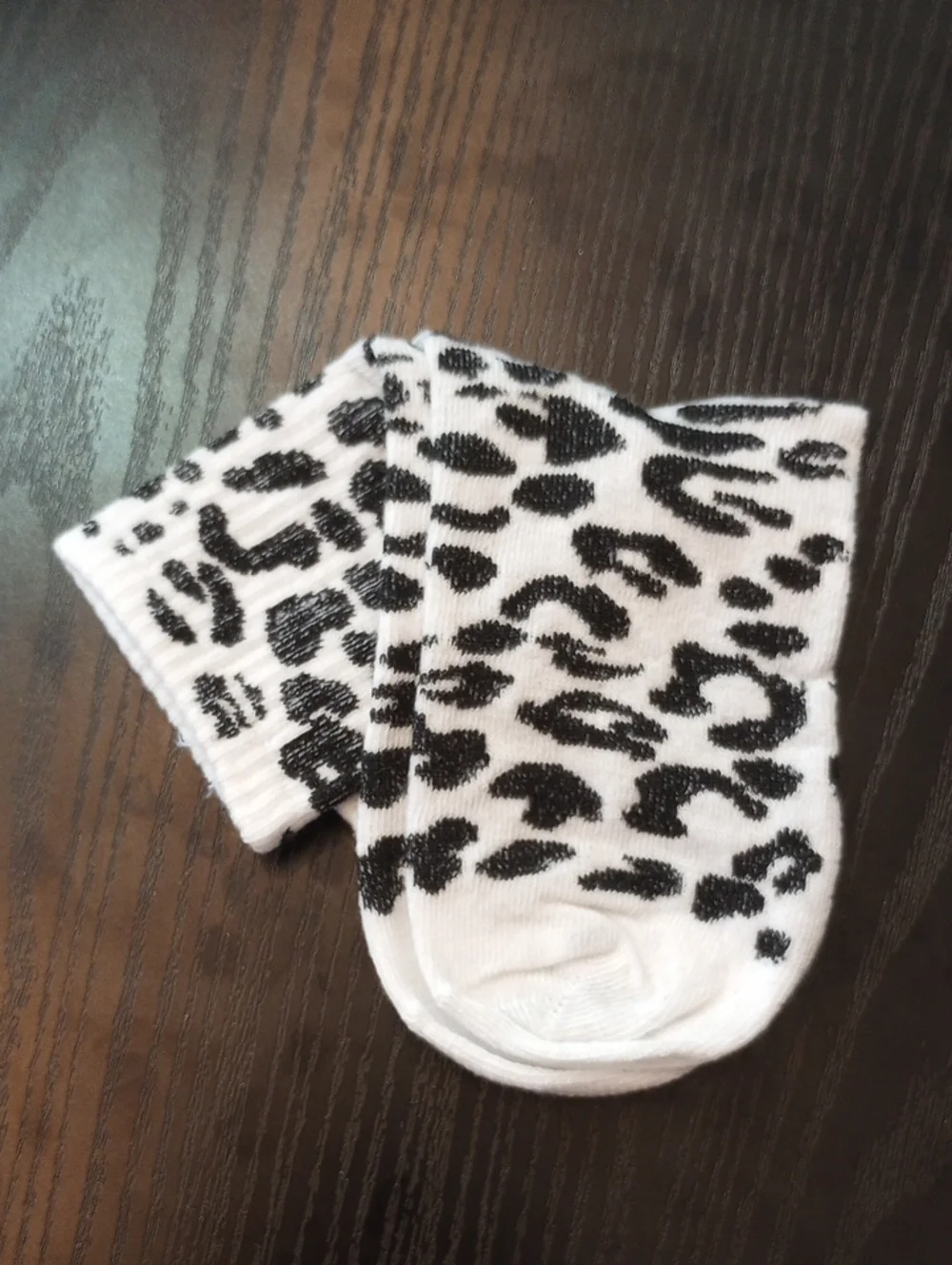 White And Black Leopard Print Crew Ankle Socks Soft Comfort